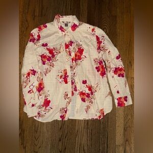 White Stag Floral Button-Up Blouse L/G (12-14) 100% Cotton Boho Chic